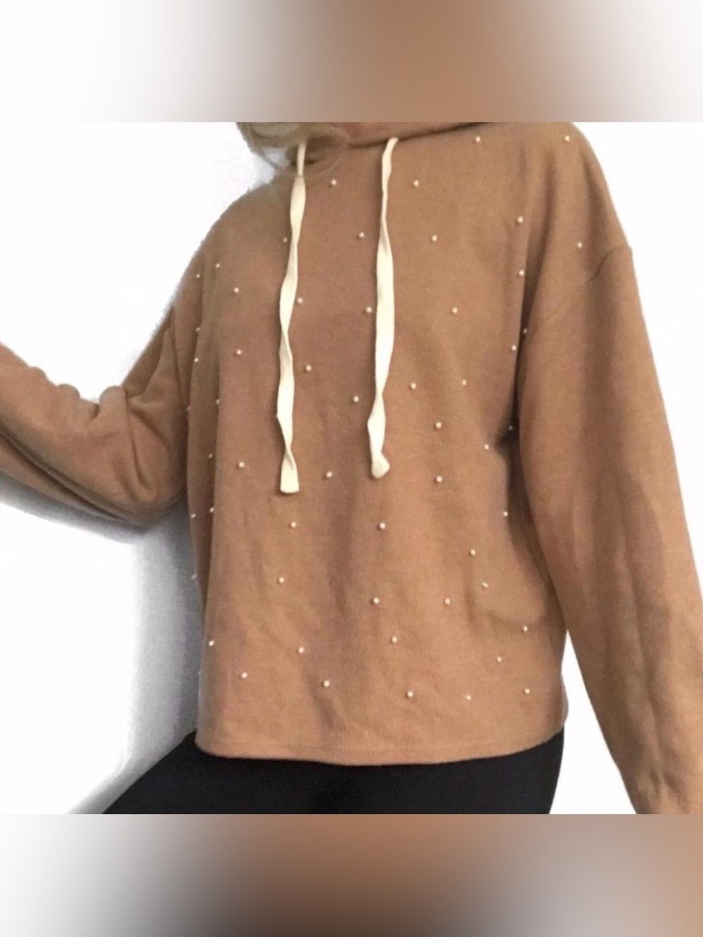 Zara Tan Pearl-Embellished Crewneck Sweater
